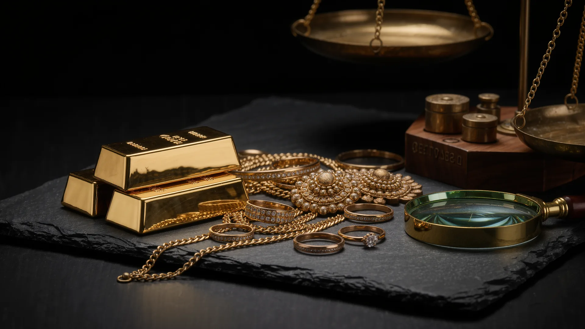 Feingoldbarren und Altgoldschmuck auf schwarzem Schiefer, daneben Lupe und Messingwaage