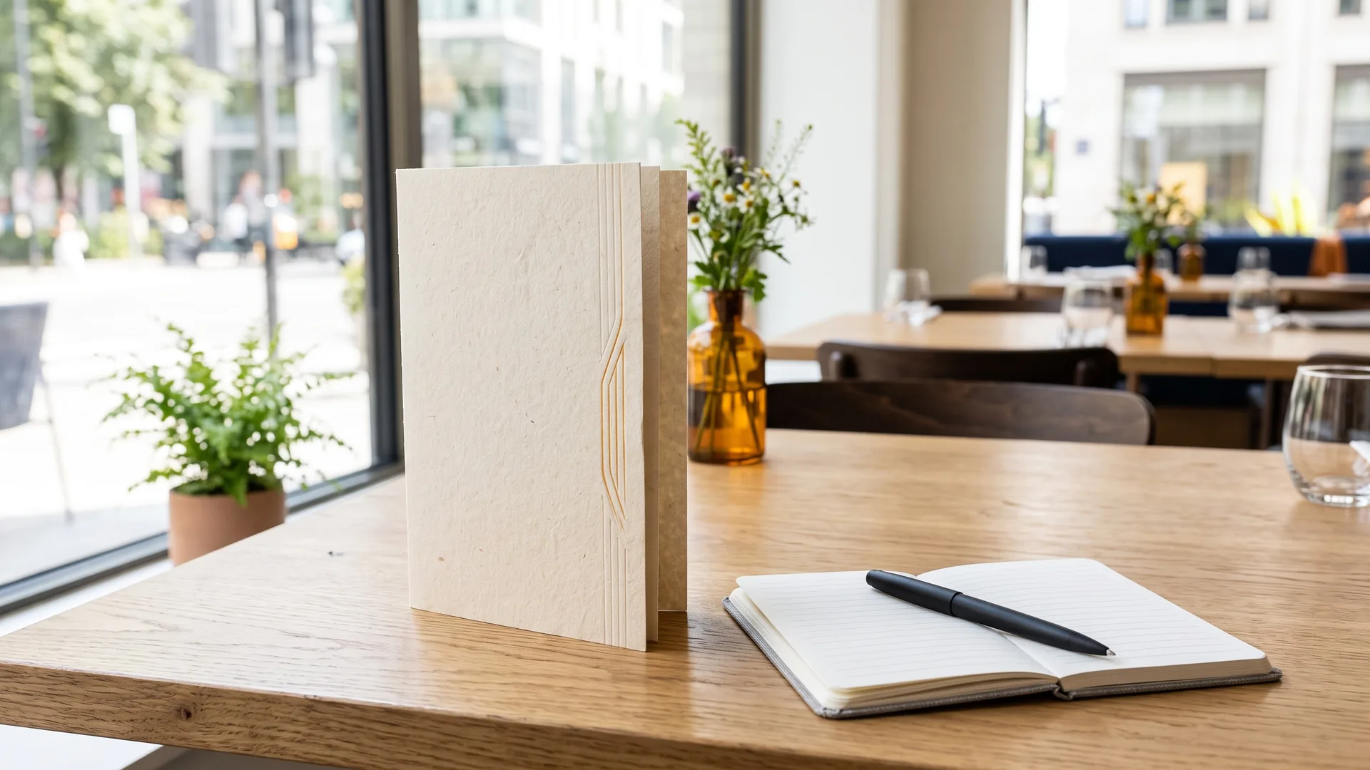 Aufgeschlagene Speisekarte und ein Stift auf einem hellen Holztisch am Fenster