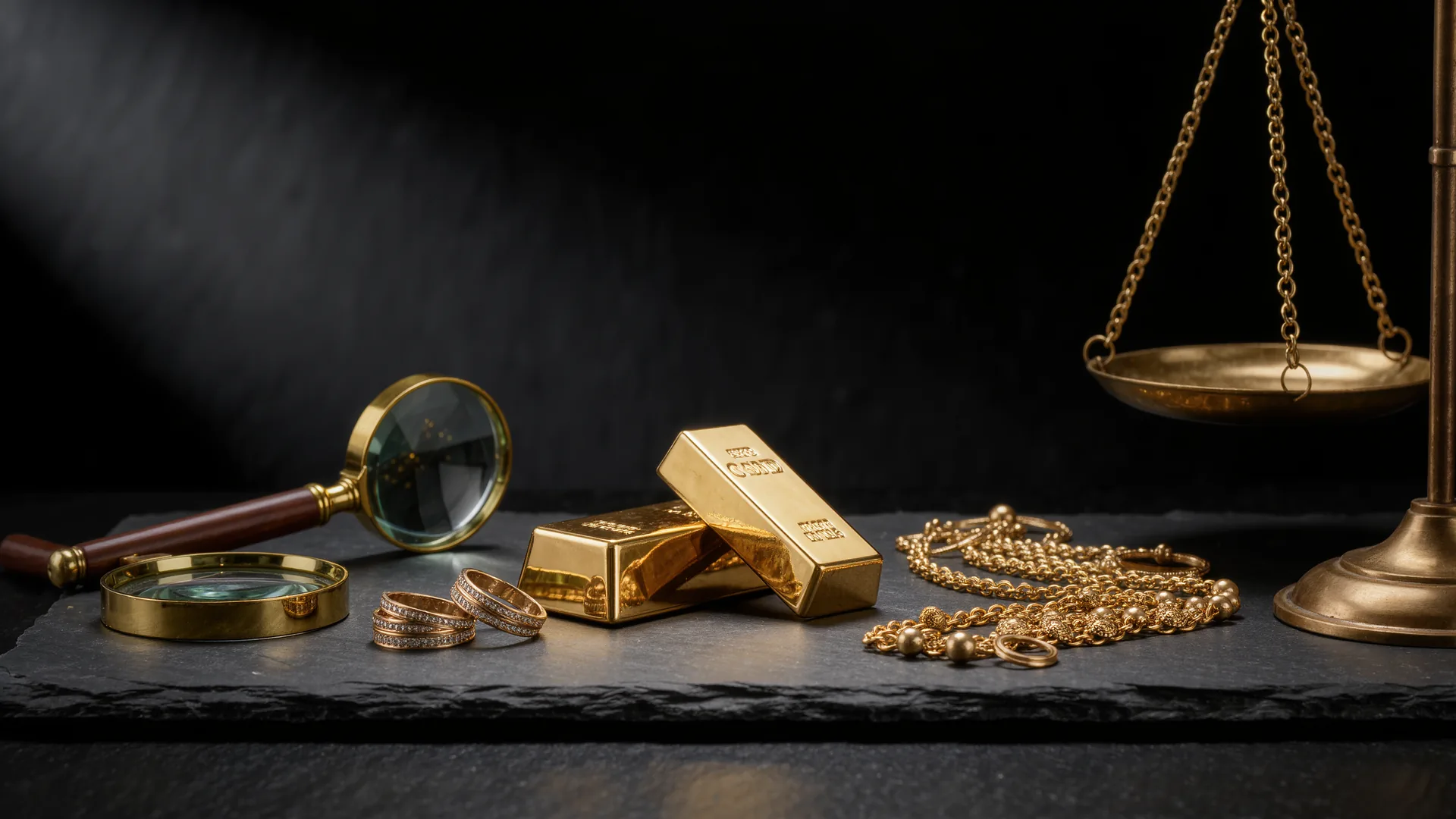 Feingoldbarren und Altgoldschmuck auf schwarzem Schiefer, daneben Lupe und Messingwaage