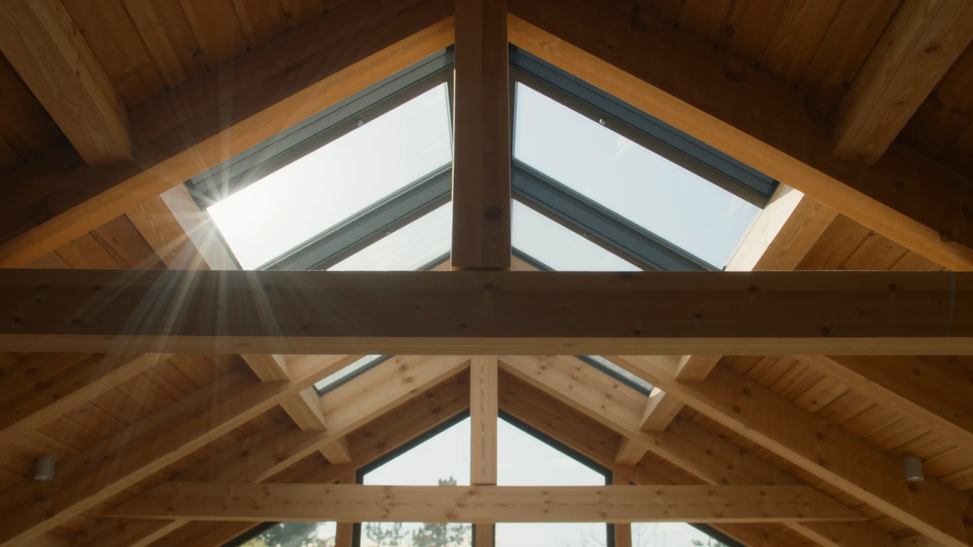 Dachstuhl aus hellem Holz von innen, Licht fällt durch ein Dachfenster
