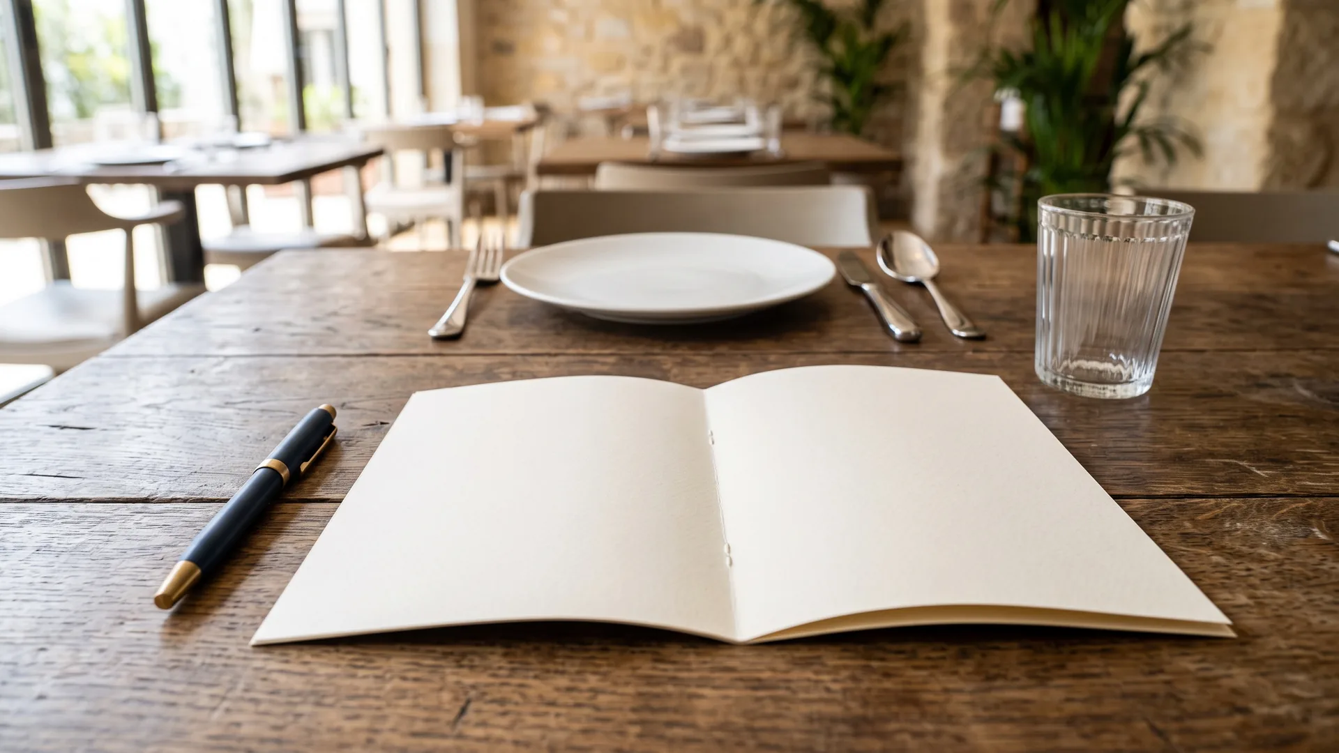 Lange Tafel mit aufgeschlagenem Buch und Gedeck in einem hellen Gastraum