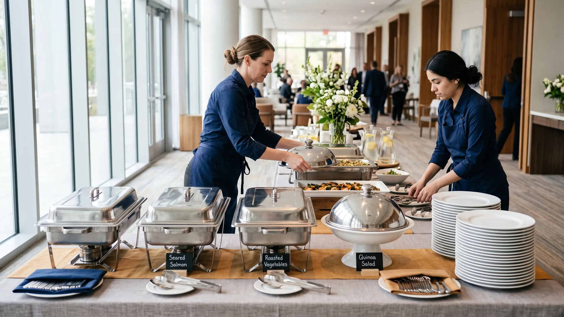 Buffet mit Warmhaltebehältern und gestapelten Tellern, Personal beim Anrichten