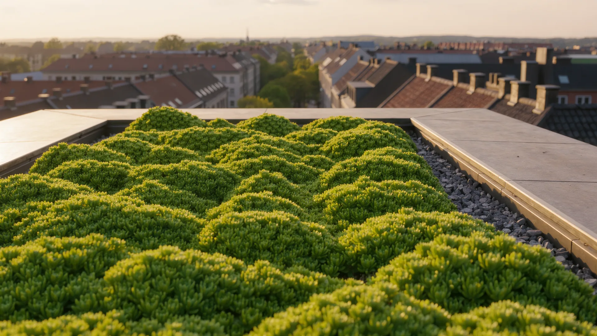 Gründach mit Sedumbepflanzung und Kiesstreifen von oben im Abendlicht