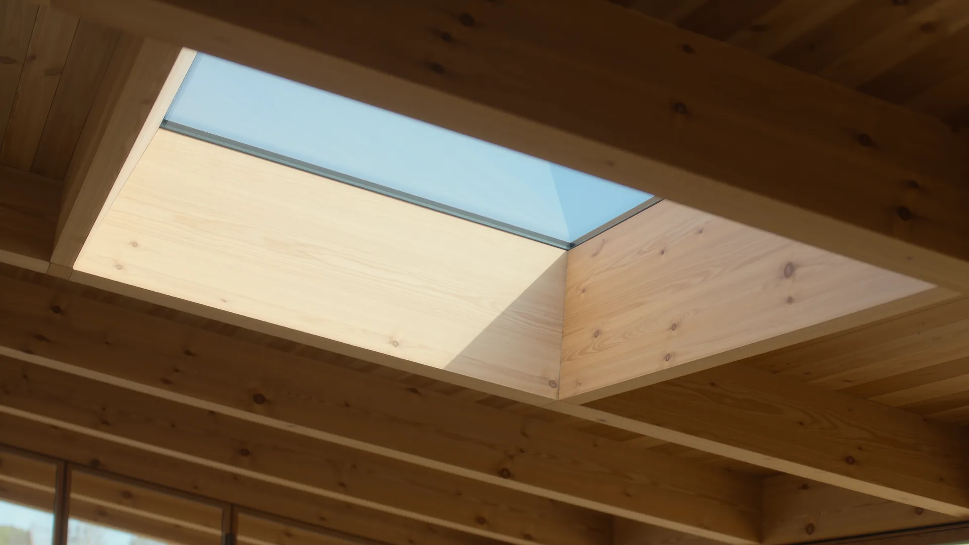 Dachstuhl aus hellem Holz von innen, Licht fällt durch ein Dachfenster