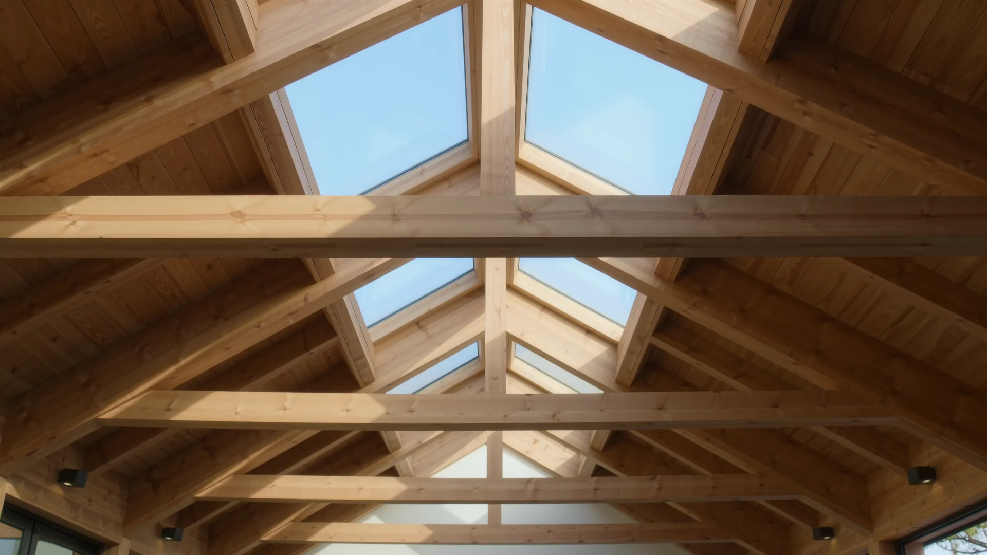 Dachstuhl aus hellem Holz von innen, Licht fällt durch ein Dachfenster