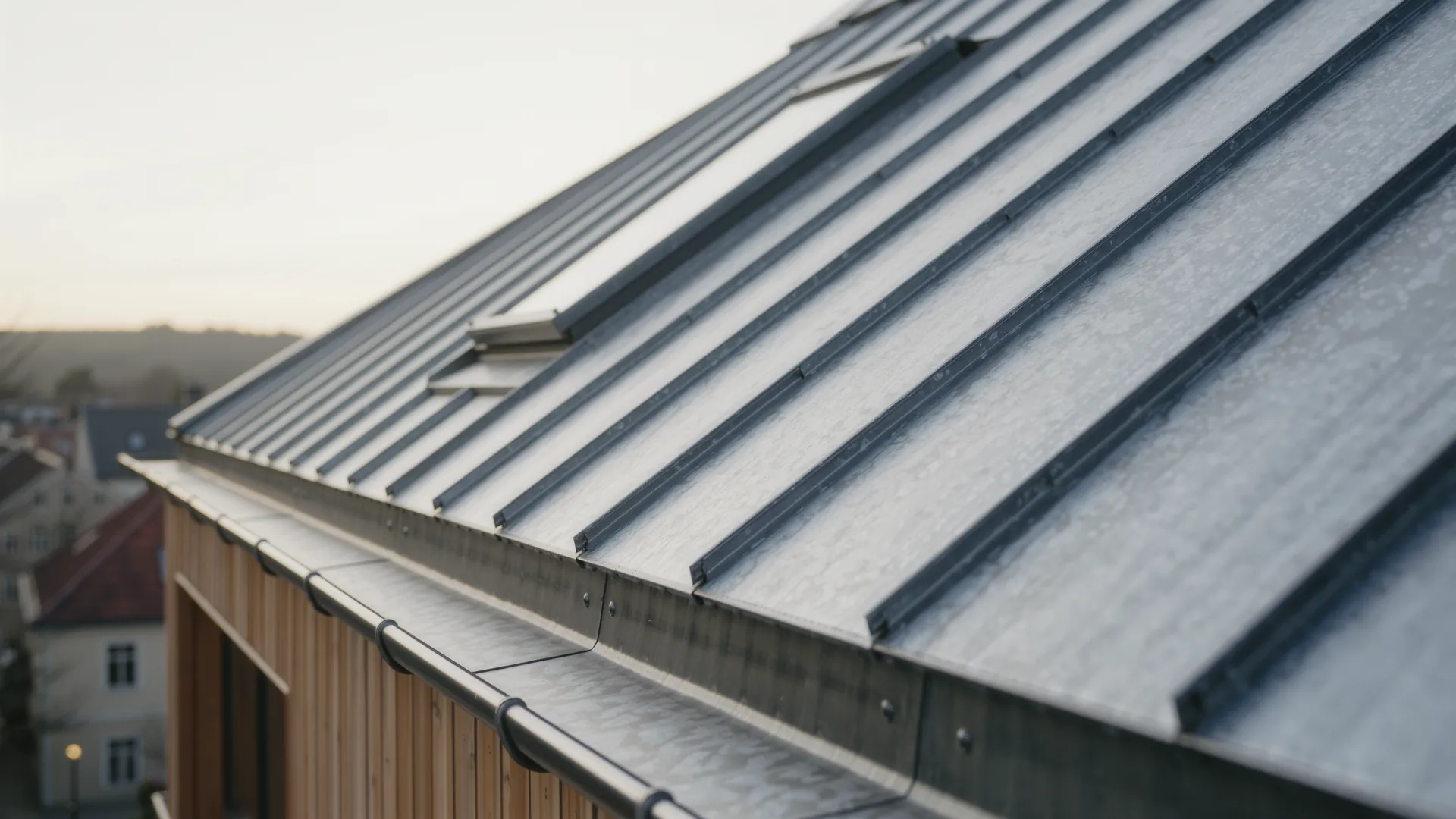 Zink-Stehfalzdach mit Gaube, scharfes Architekturdetail