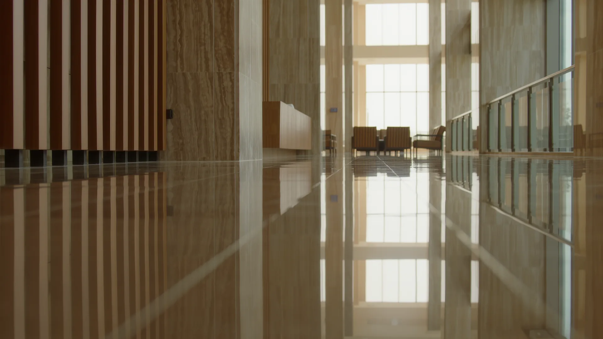 Polierter Marmorboden einer Hotellobby mit langen Spiegelungen