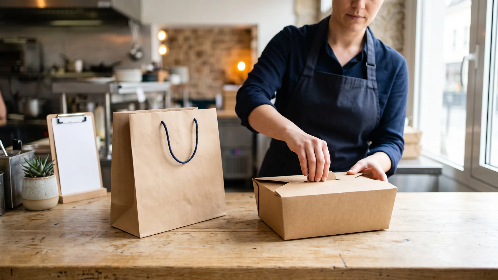 Karton für Speisen wird an der Theke verschlossen, Papiertüte daneben