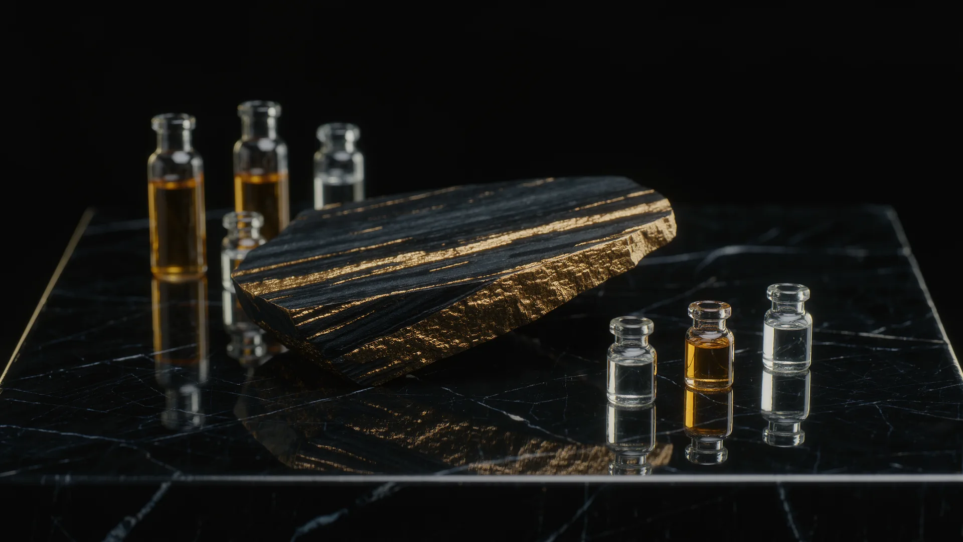 Prüfstein mit Goldstrichen und Prüfsäuren in kleinen Glasflaschen auf schwarzem Stein