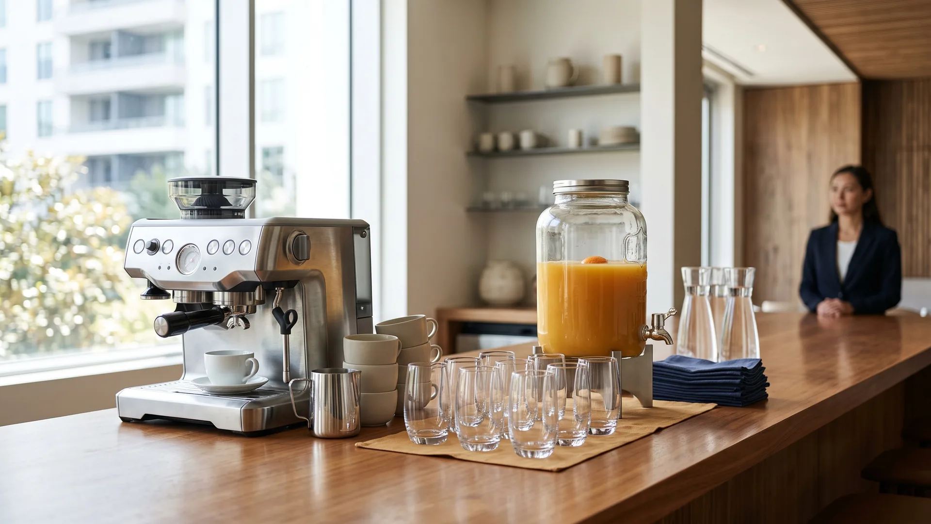 Theke mit Kaffeemaschine, Gläsern und einem Saftspender im Tageslicht