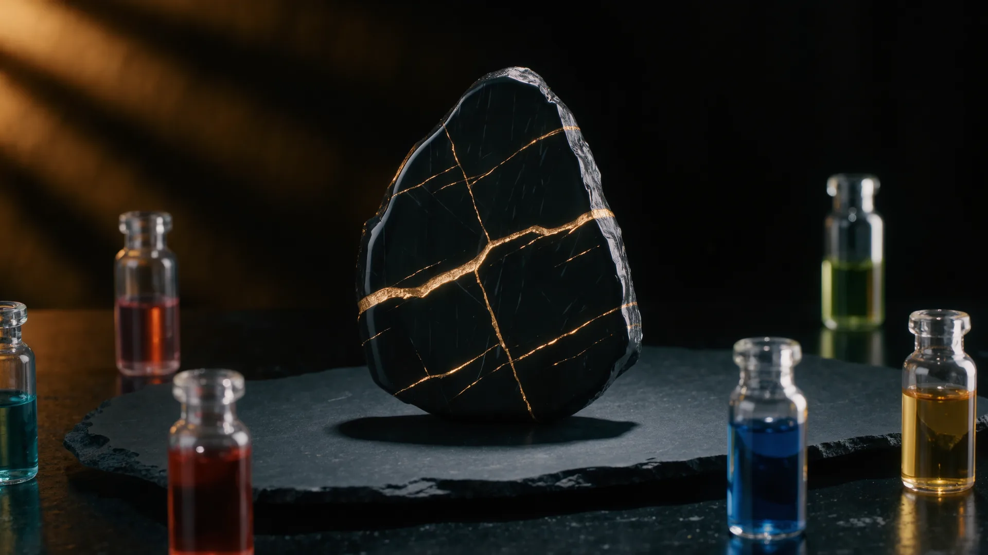 Prüfstein mit Goldstrichen und Prüfsäuren in kleinen Glasflaschen auf schwarzem Stein