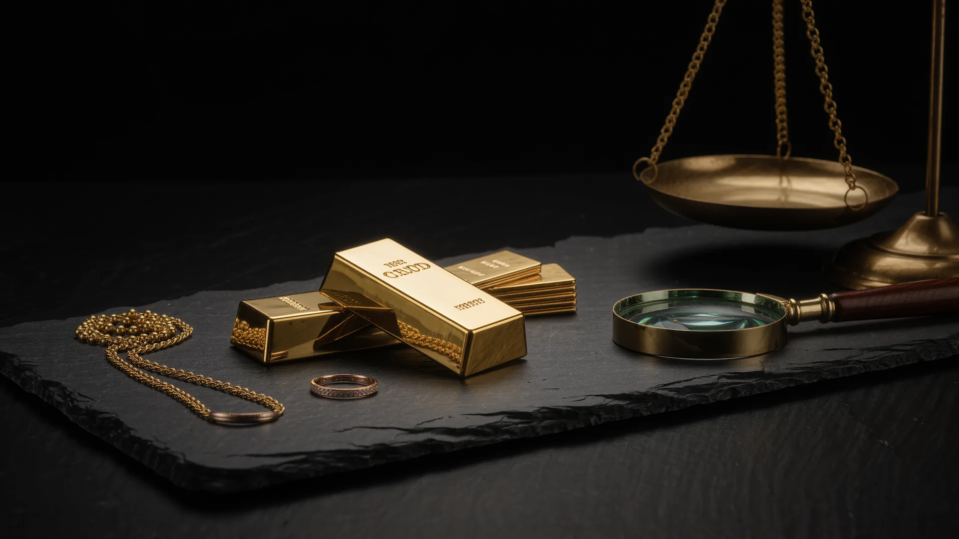 Feingoldbarren und Altgoldschmuck auf schwarzem Schiefer, daneben Lupe und Messingwaage