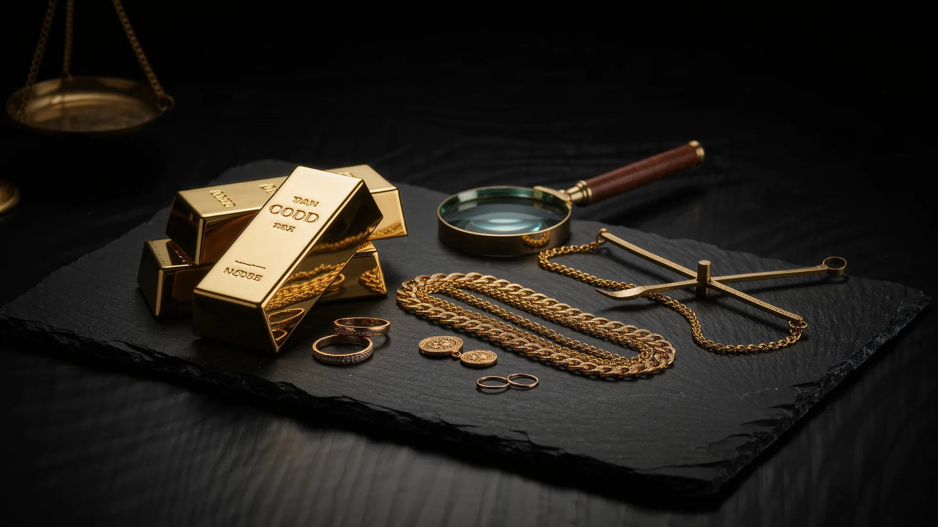Feingoldbarren und Altgoldschmuck auf schwarzem Schiefer, daneben Lupe und Messingwaage