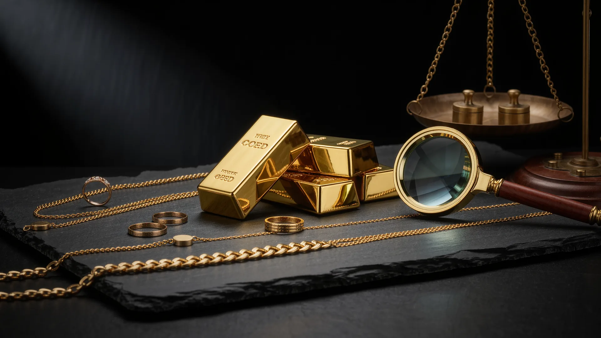 Feingoldbarren und Altgoldschmuck auf schwarzem Schiefer, daneben Lupe und Messingwaage