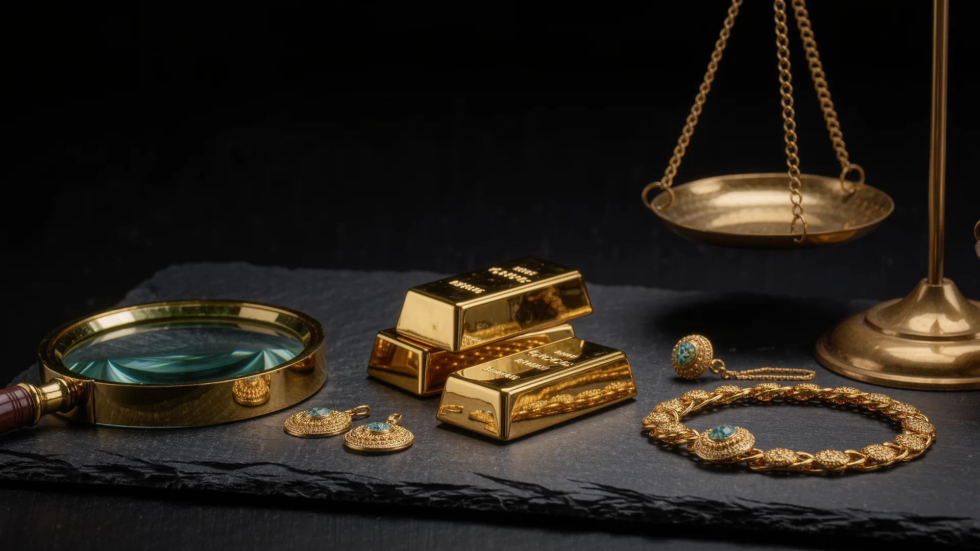 Feingoldbarren und Altgoldschmuck auf schwarzem Schiefer, daneben Lupe und Messingwaage