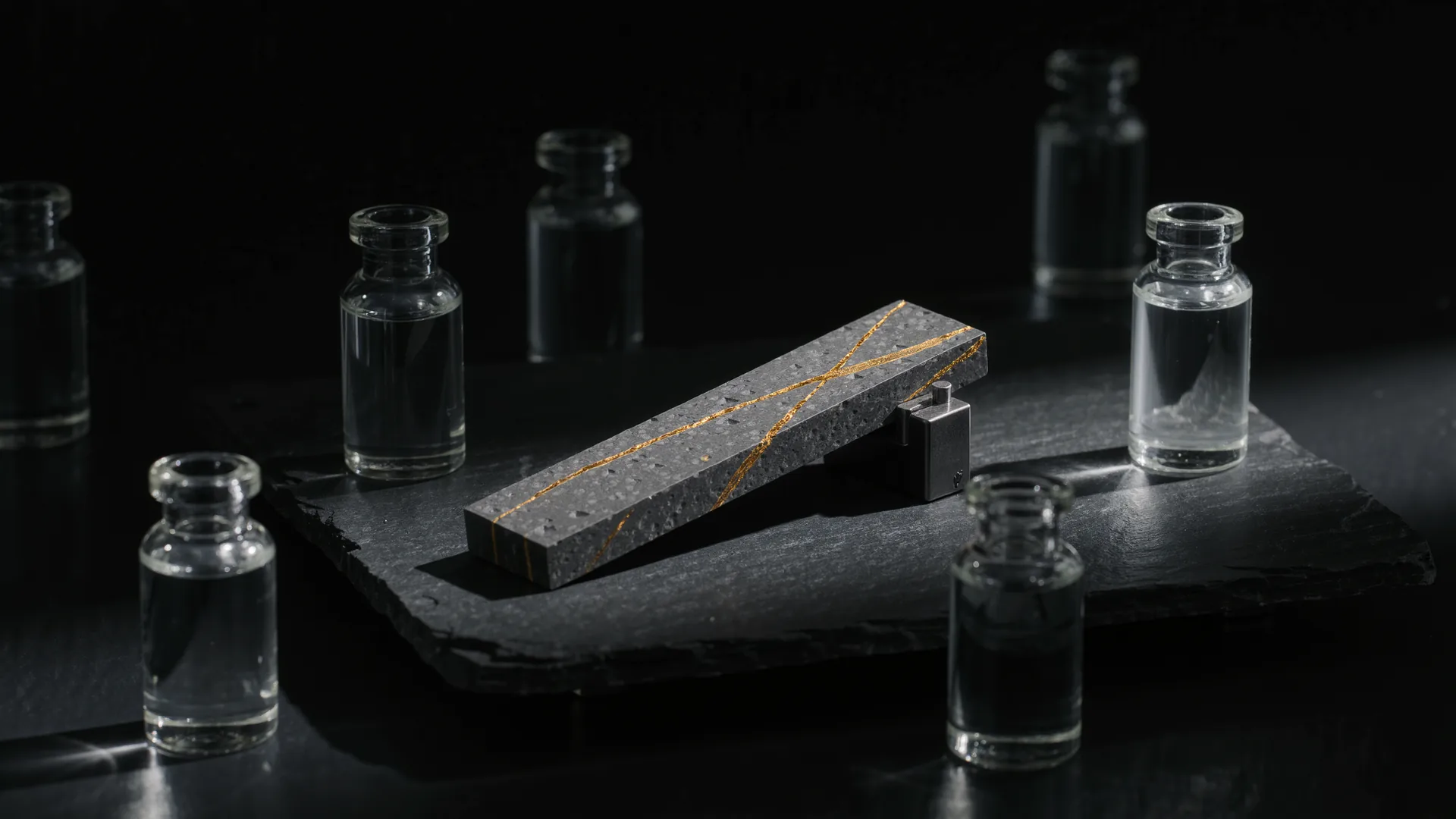 Prüfstein mit Goldstrichen und Prüfsäuren in kleinen Glasflaschen auf schwarzem Stein
