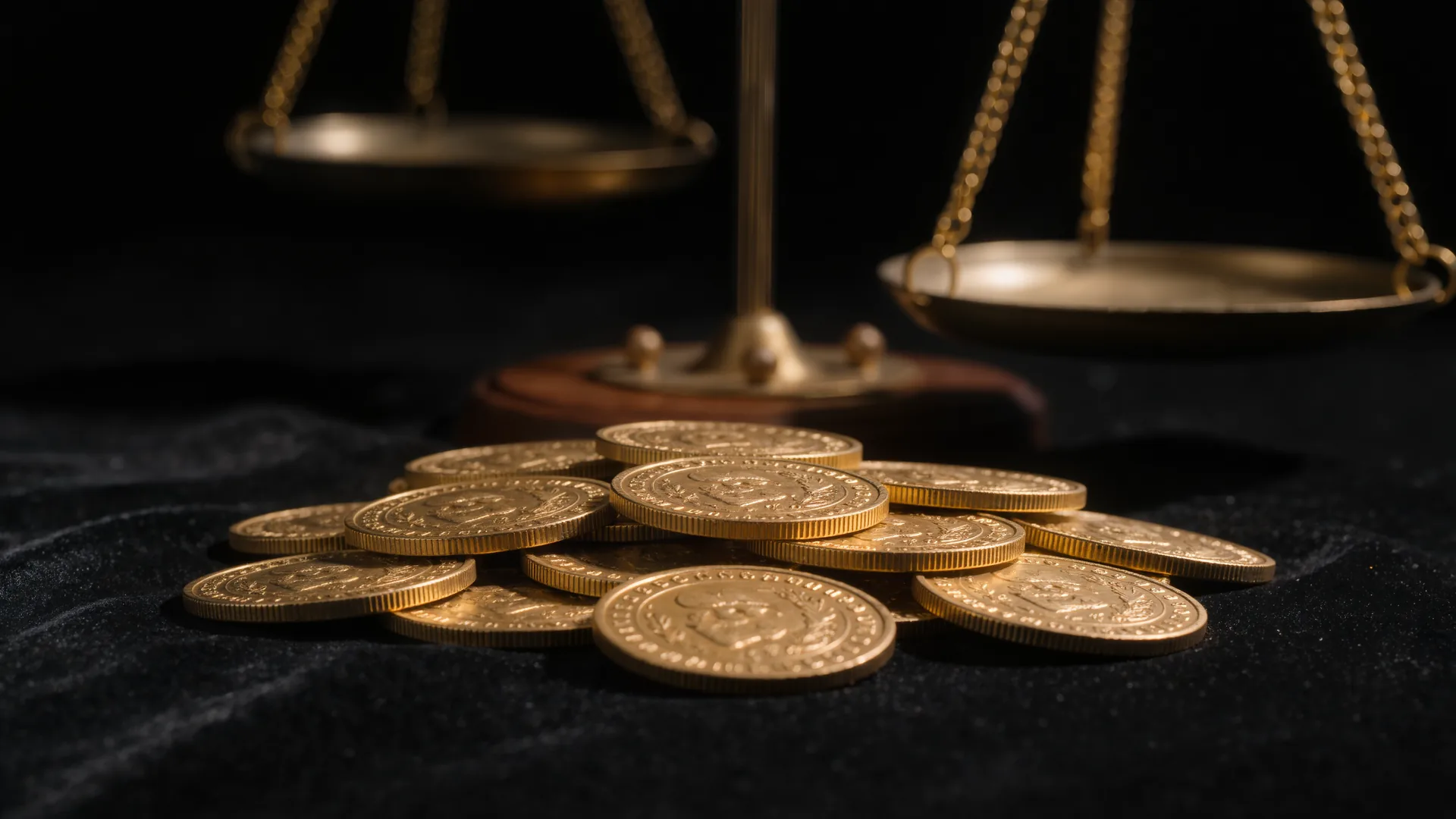 Gestapelte alte Goldmünzen auf dunklem Samt, im Hintergrund eine Feinwaage
