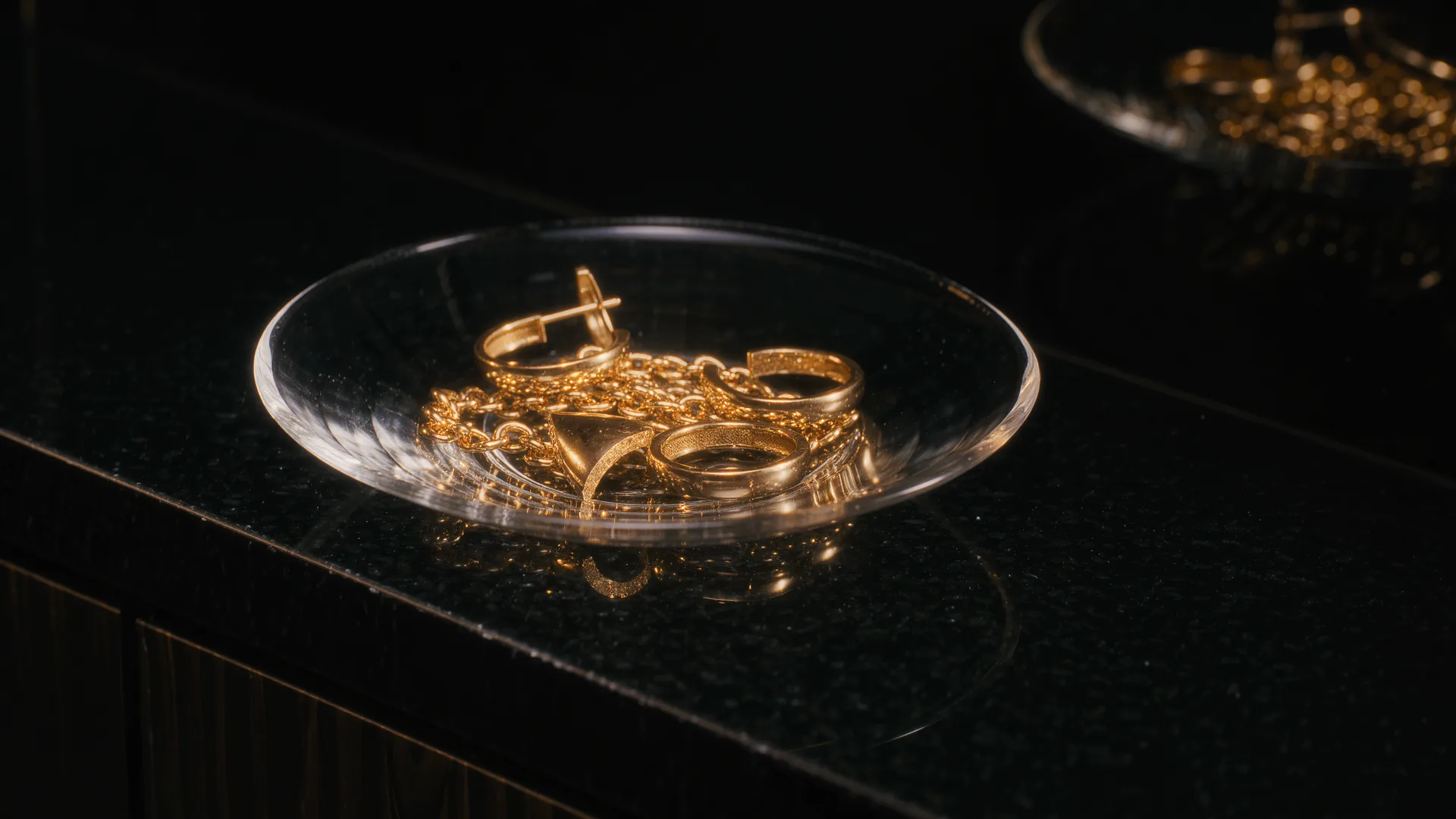 Zerbrochene Goldketten und einzelne Ohrringe in einer Glasschale auf dunklem Tresen