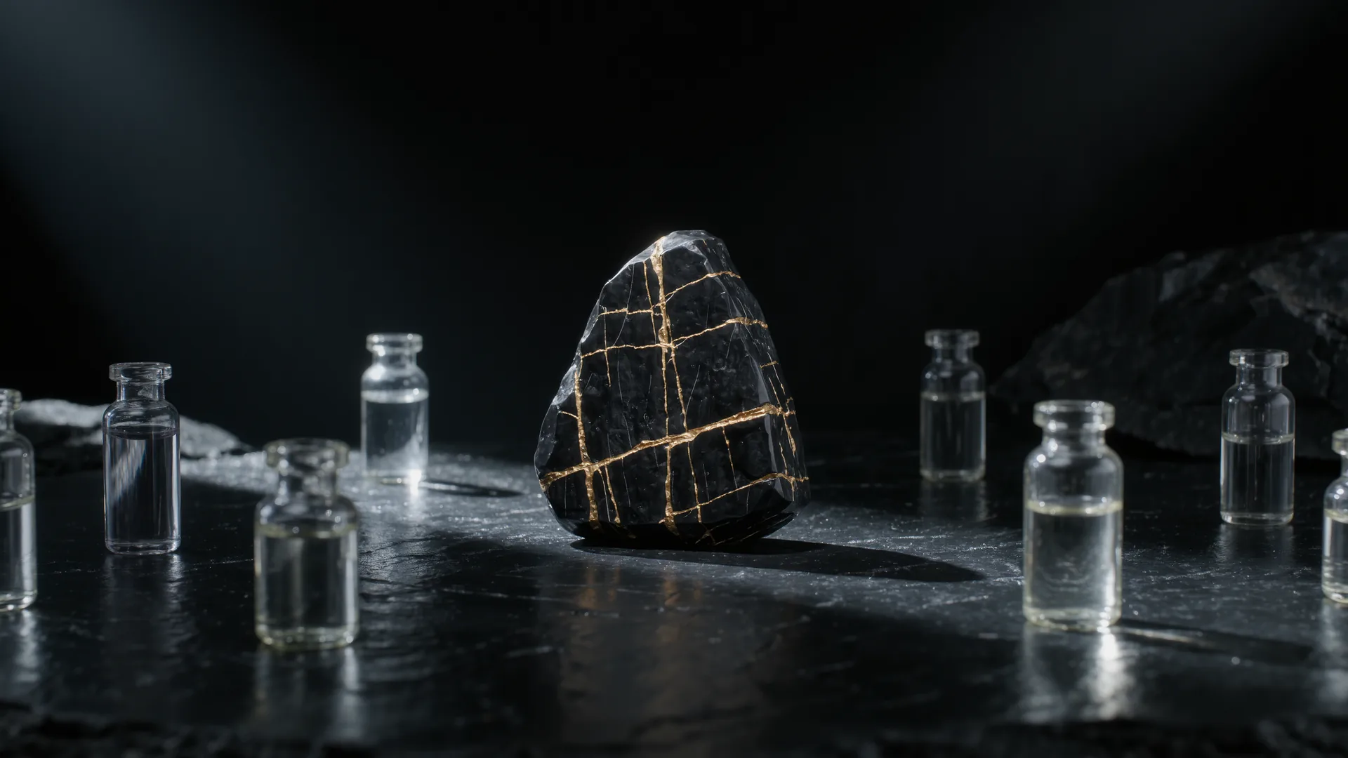 Prüfstein mit Goldstrichen und Prüfsäuren in kleinen Glasflaschen auf schwarzem Stein