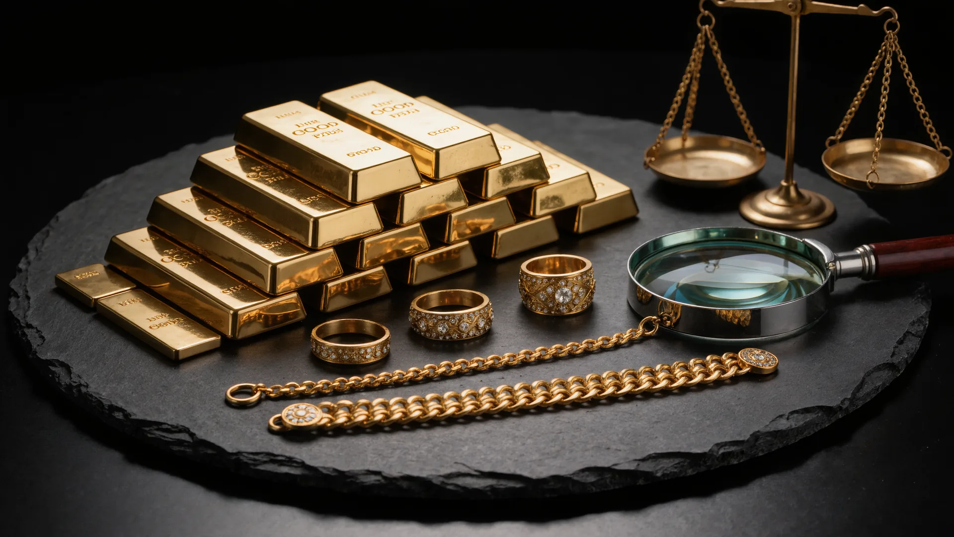 Feingoldbarren und Altgoldschmuck auf schwarzem Schiefer, daneben Lupe und Messingwaage