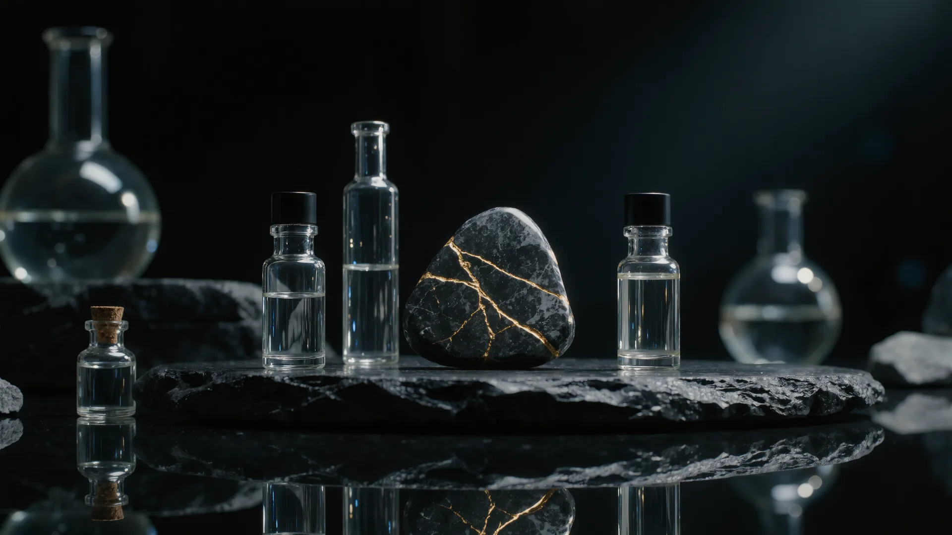 Prüfstein mit Goldstrichen und Prüfsäuren in kleinen Glasflaschen auf schwarzem Stein