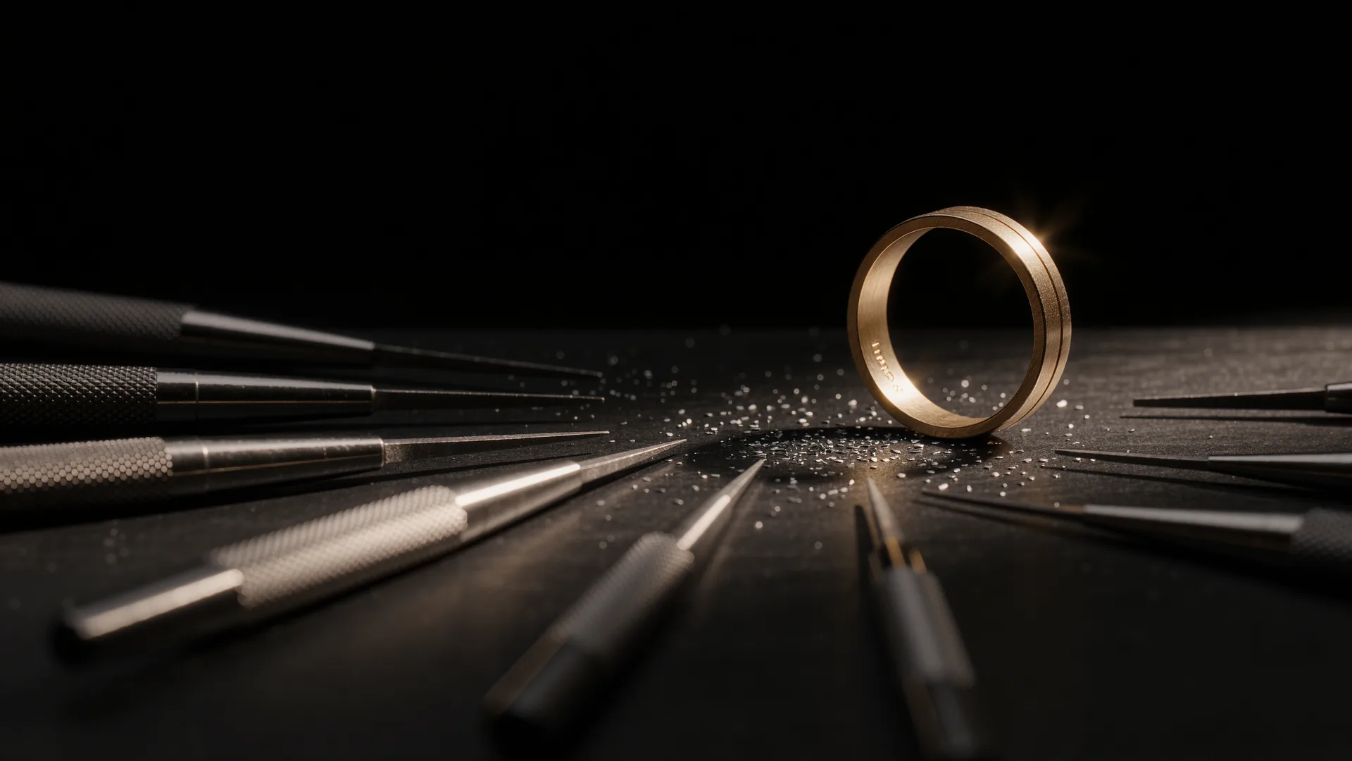 Goldschmiedewerkbank mit Gravurwerkzeug, Ringriegel und Metallspänen