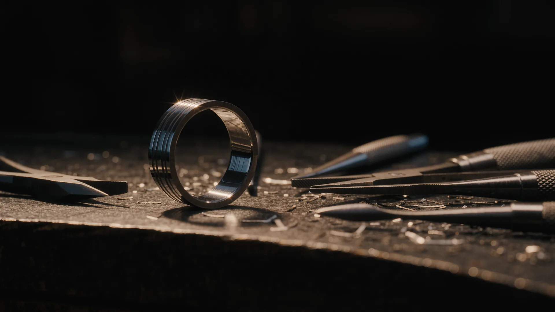 Goldschmiedewerkbank mit Gravurwerkzeug, Ringriegel und Metallspänen