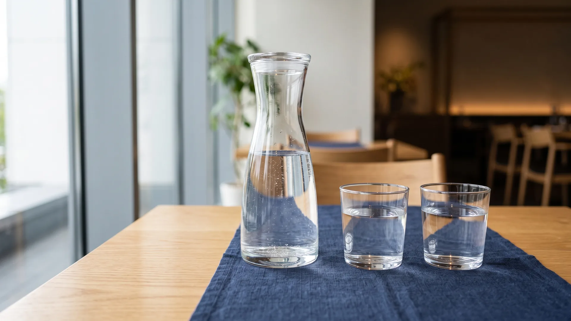 Glaskaraffe mit Wasser und zwei Gläser auf einem hellen Tisch