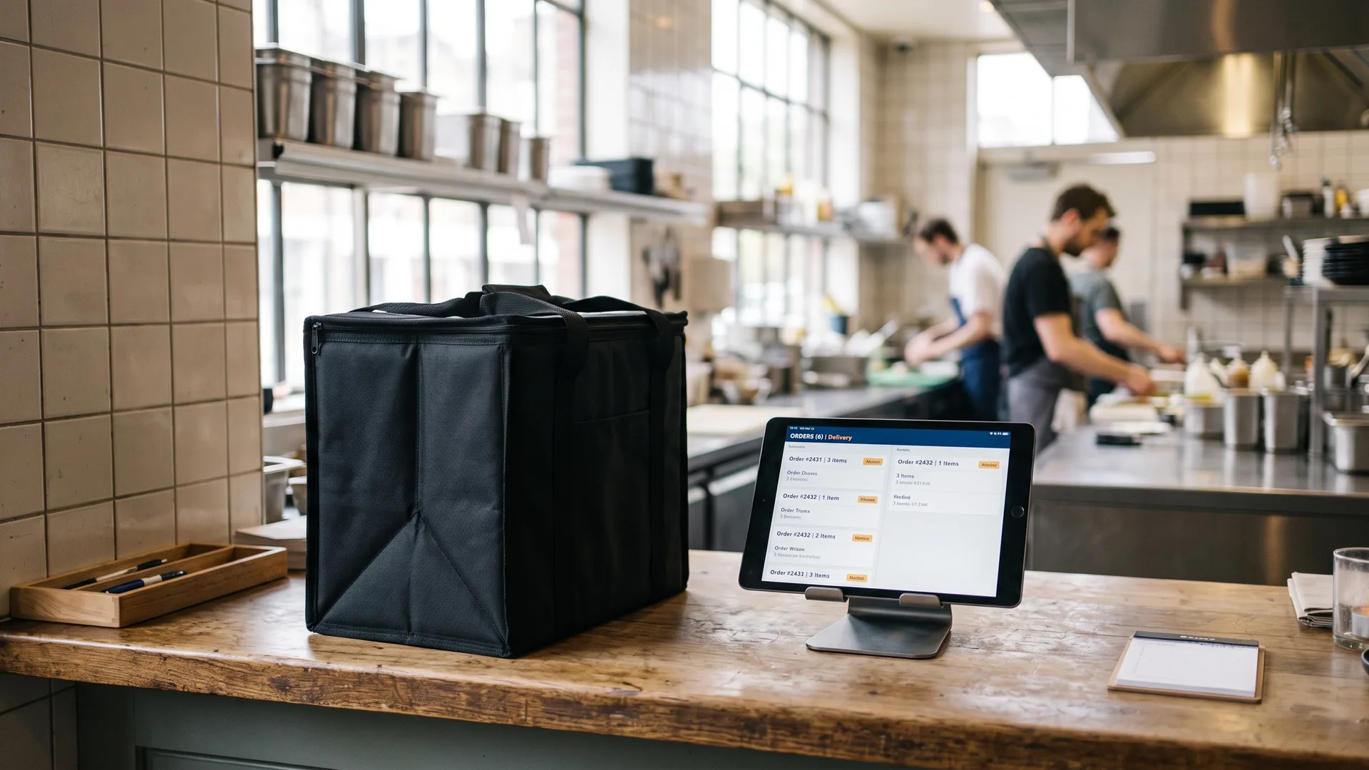 Isolierte Liefertasche neben einem Tablet mit Bestellliste an der Theke