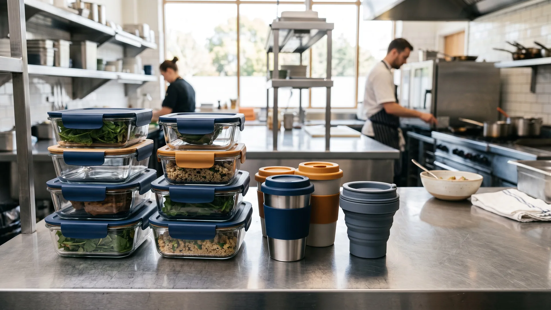Gestapelte Mehrwegbehälter und Becher auf einer Edelstahltheke