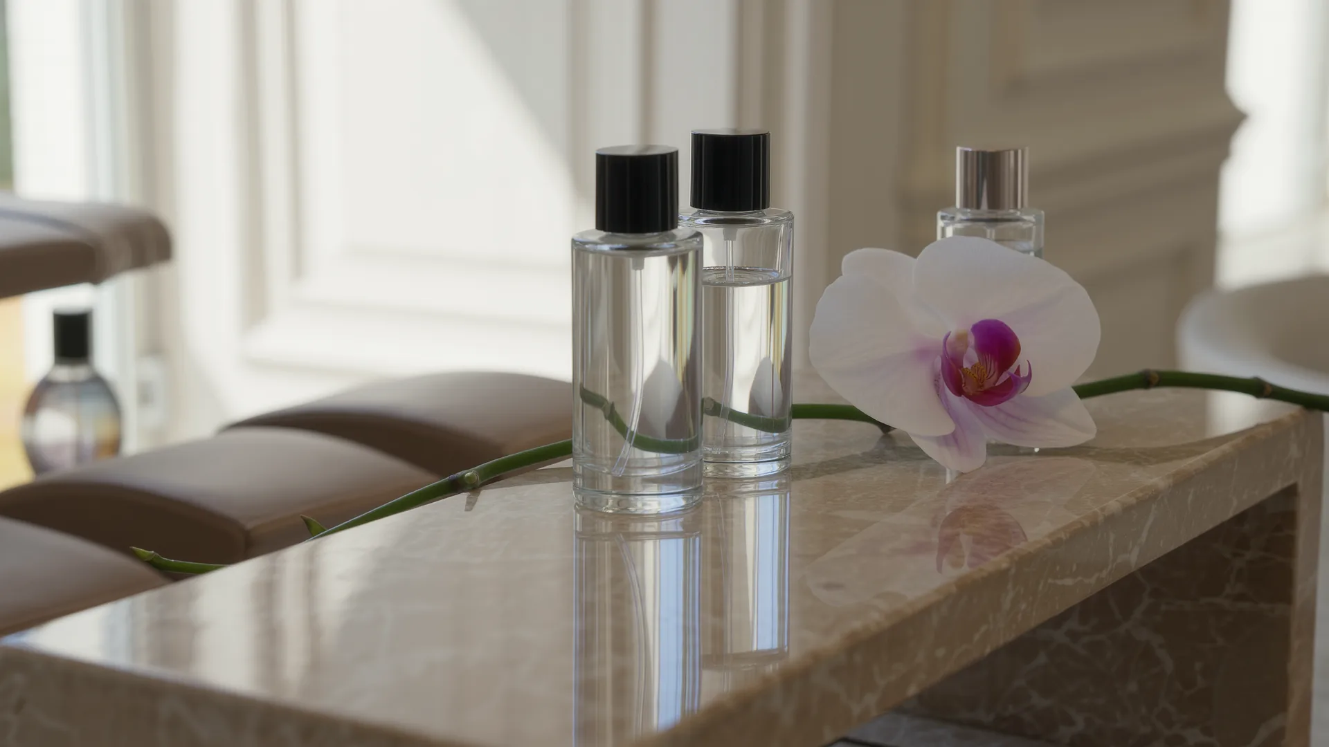 Manikürplatz mit polierter Steinfläche, Glasflaschen und Orchidee
