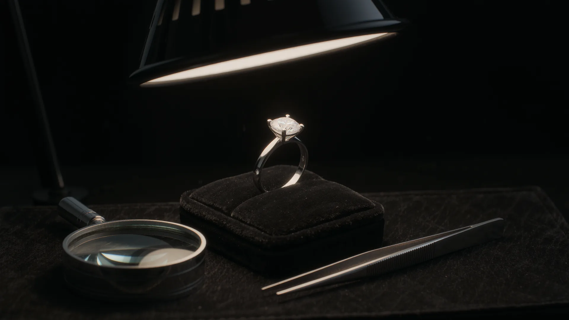Diamantring auf schwarzem Samt unter der Juwelierlampe, daneben Lupe und Pinzette