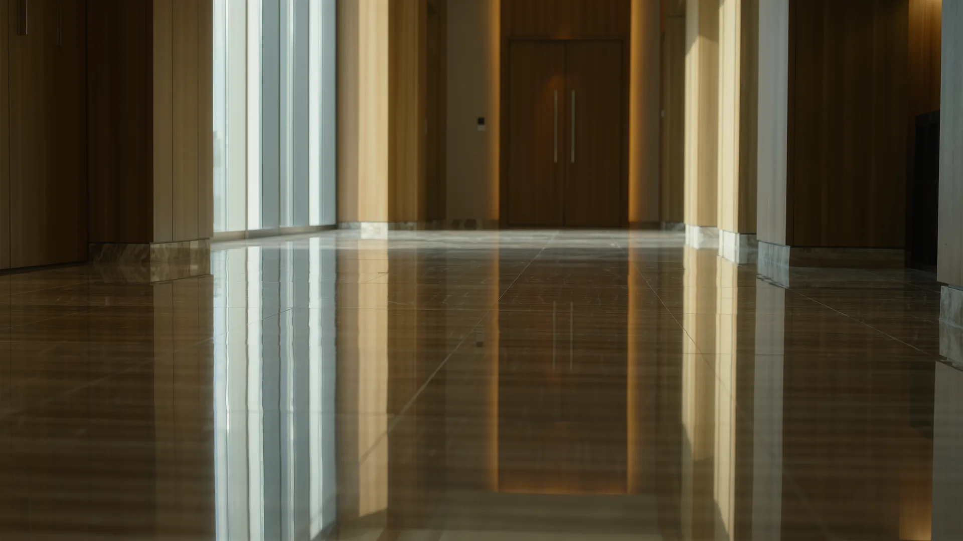 Polierter Marmorboden einer Hotellobby mit langen Spiegelungen