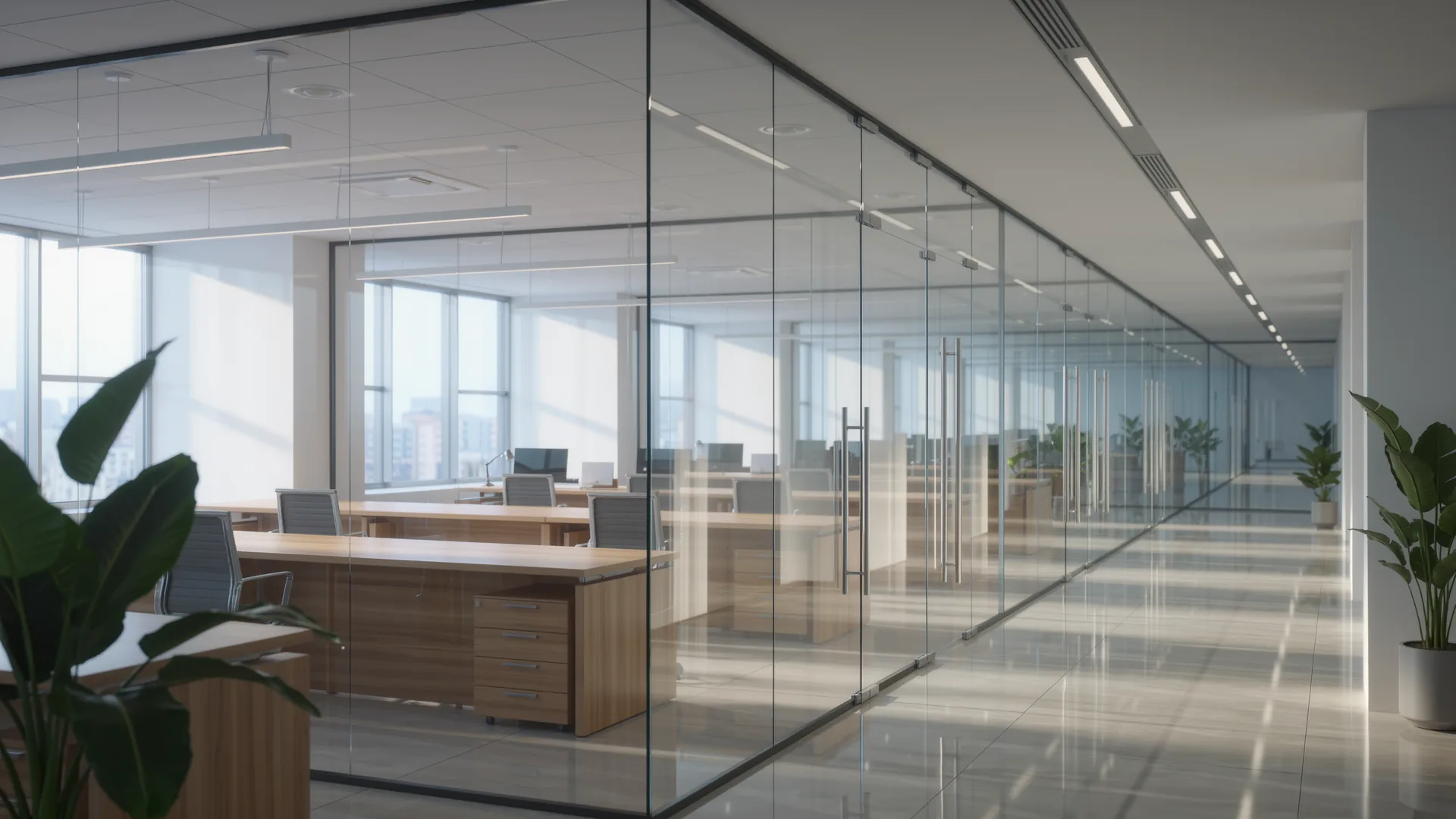 Helles Büro mit Pflanzen und Glastrennwänden im Morgenlicht