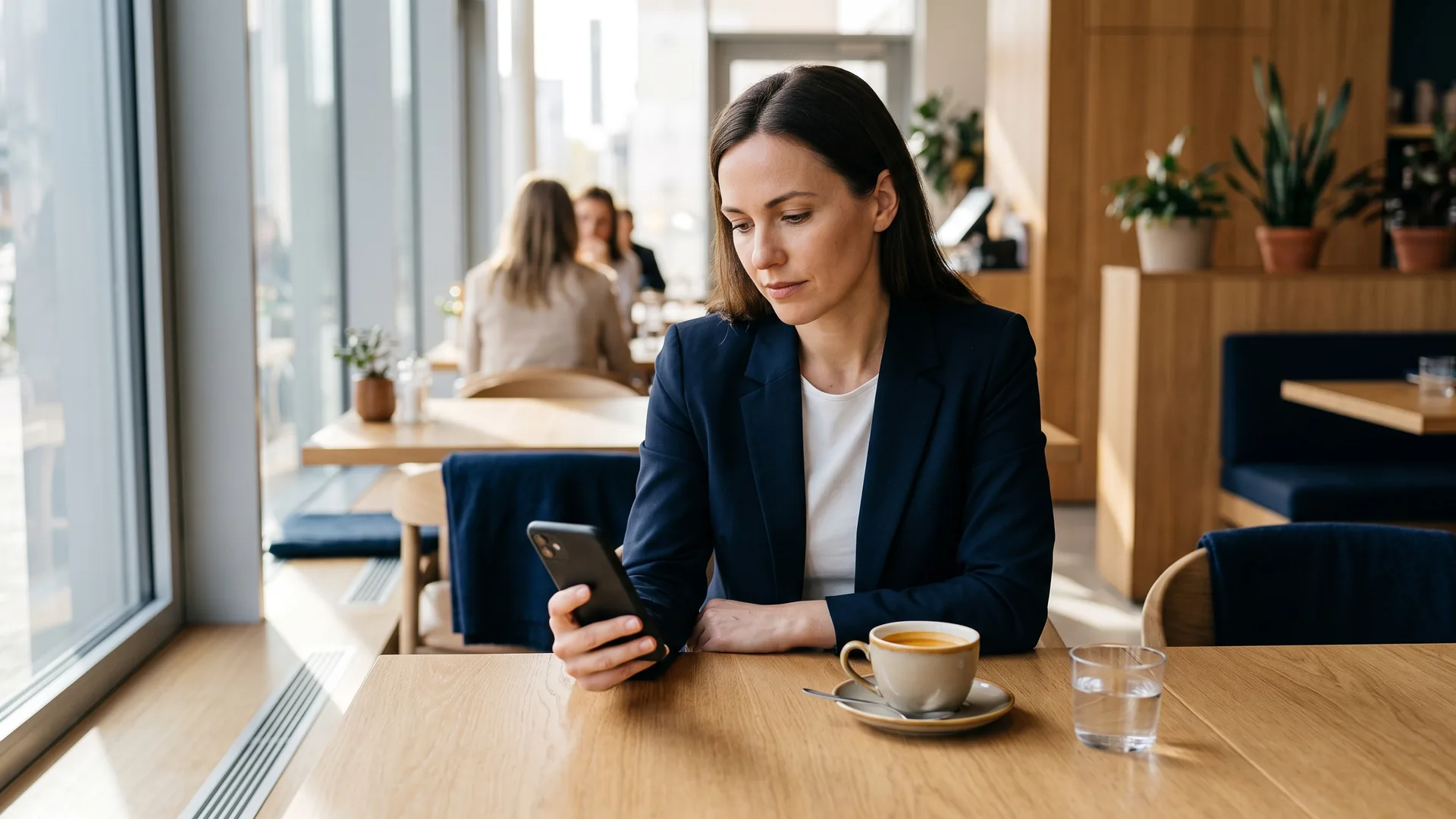 Gast liest am Tisch Bewertungen auf dem Telefon, Kaffeetasse daneben