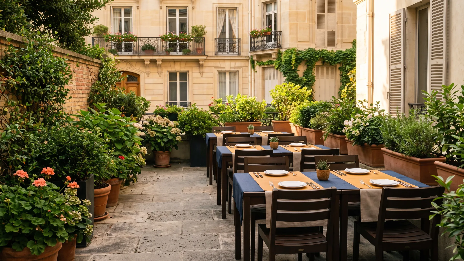 Ruhige Restaurantterrasse mit leeren Tischen im Nachmittagslicht