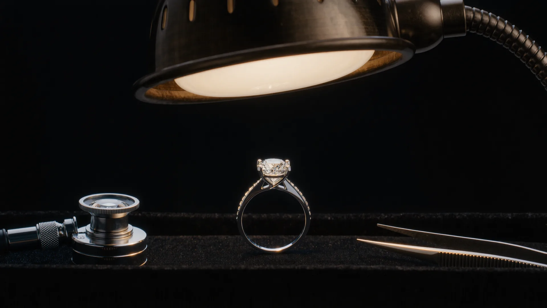 Diamantring auf schwarzem Samt unter der Juwelierlampe, daneben Lupe und Pinzette