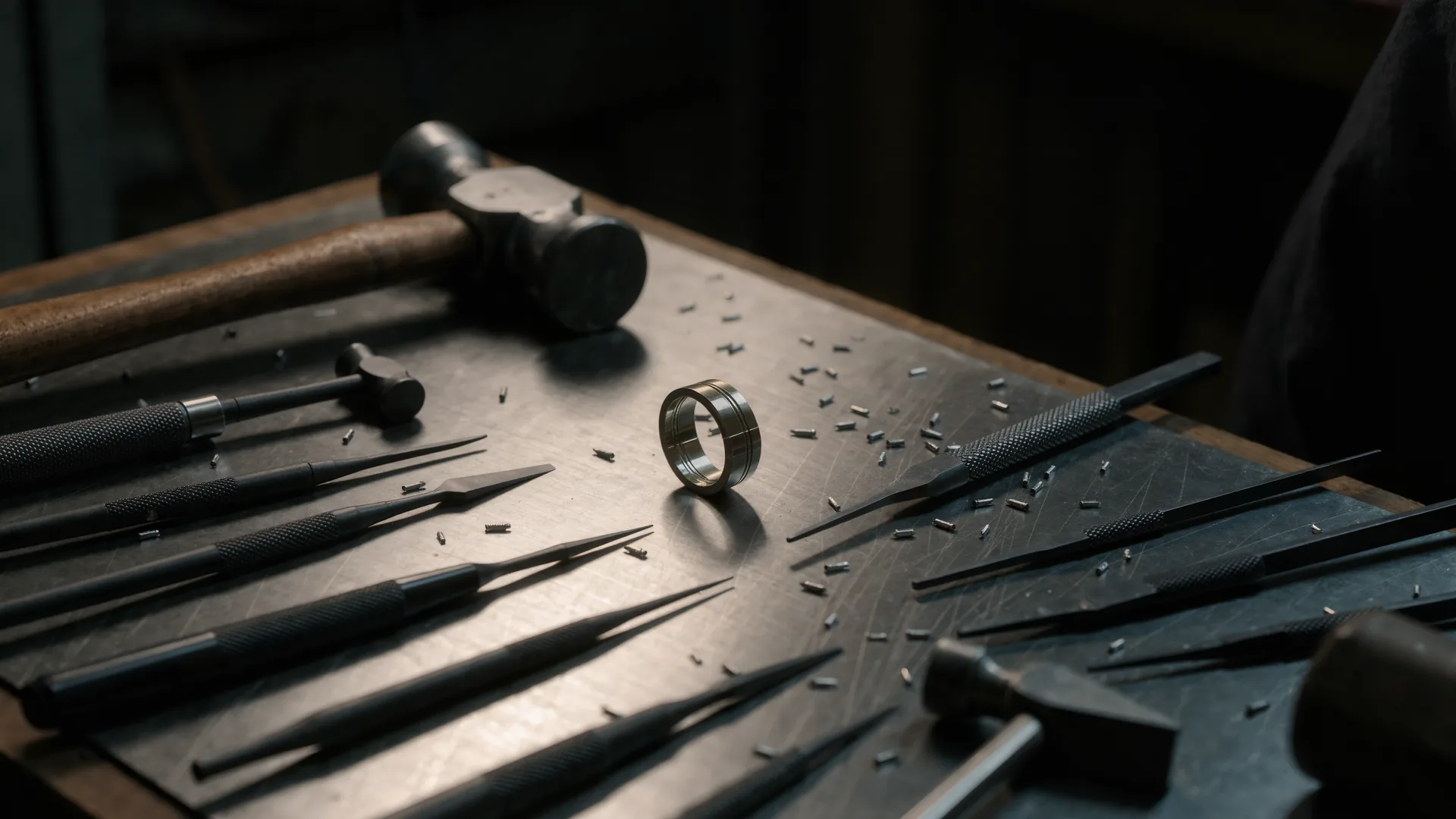 Goldschmiedewerkbank mit Gravurwerkzeug, Ringriegel und Metallspänen