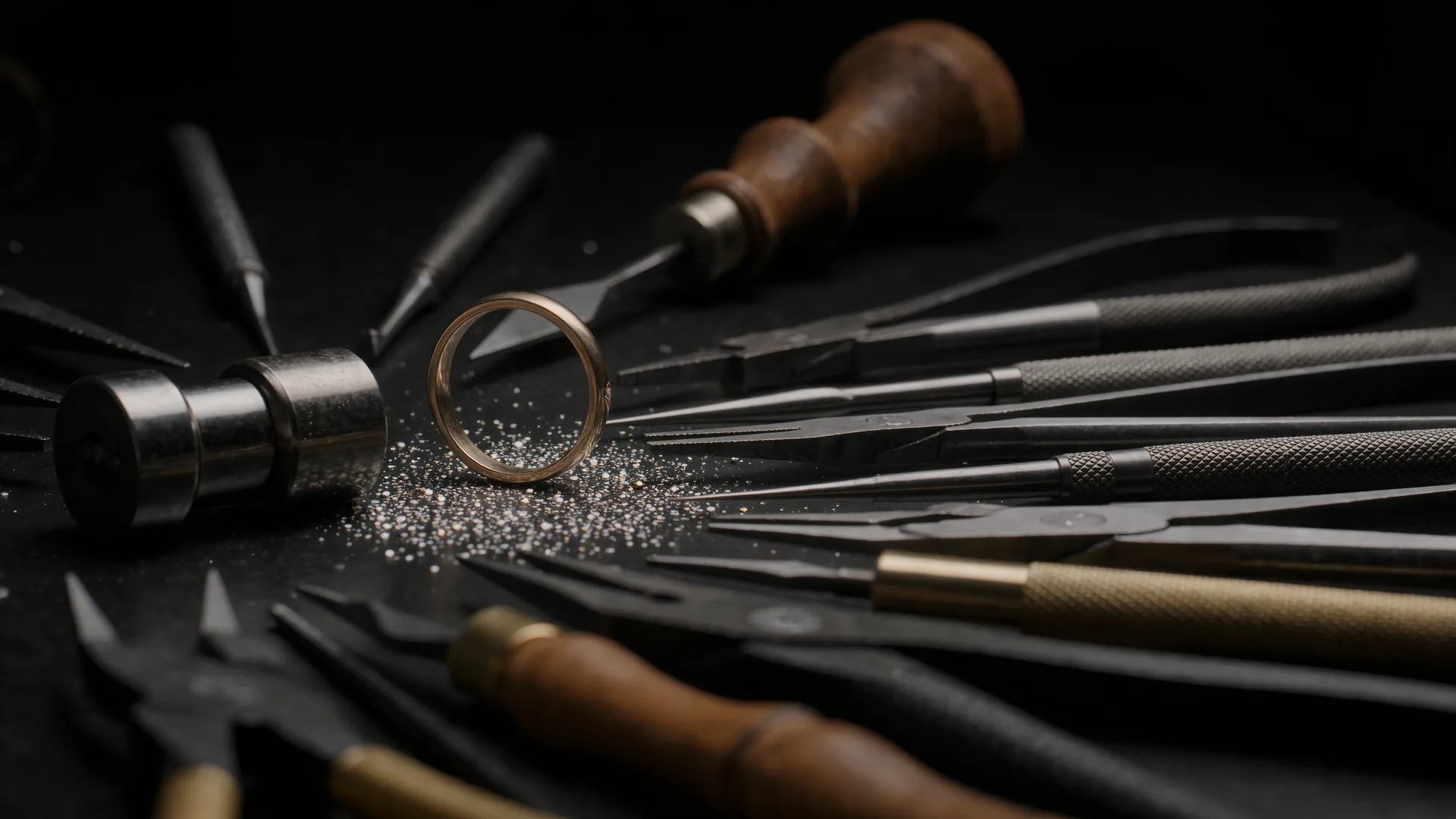Goldschmiedewerkbank mit Gravurwerkzeug, Ringriegel und Metallspänen