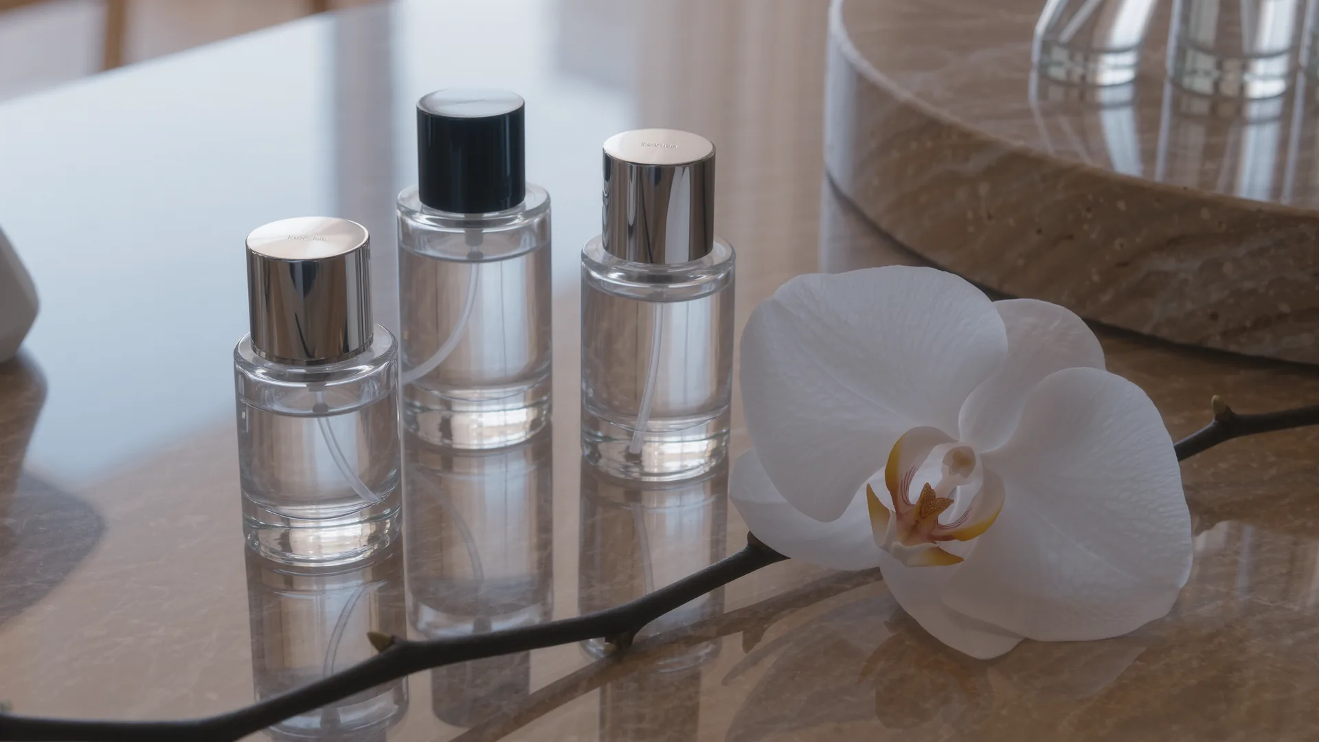Manikürplatz mit polierter Steinfläche, Glasflaschen und Orchidee