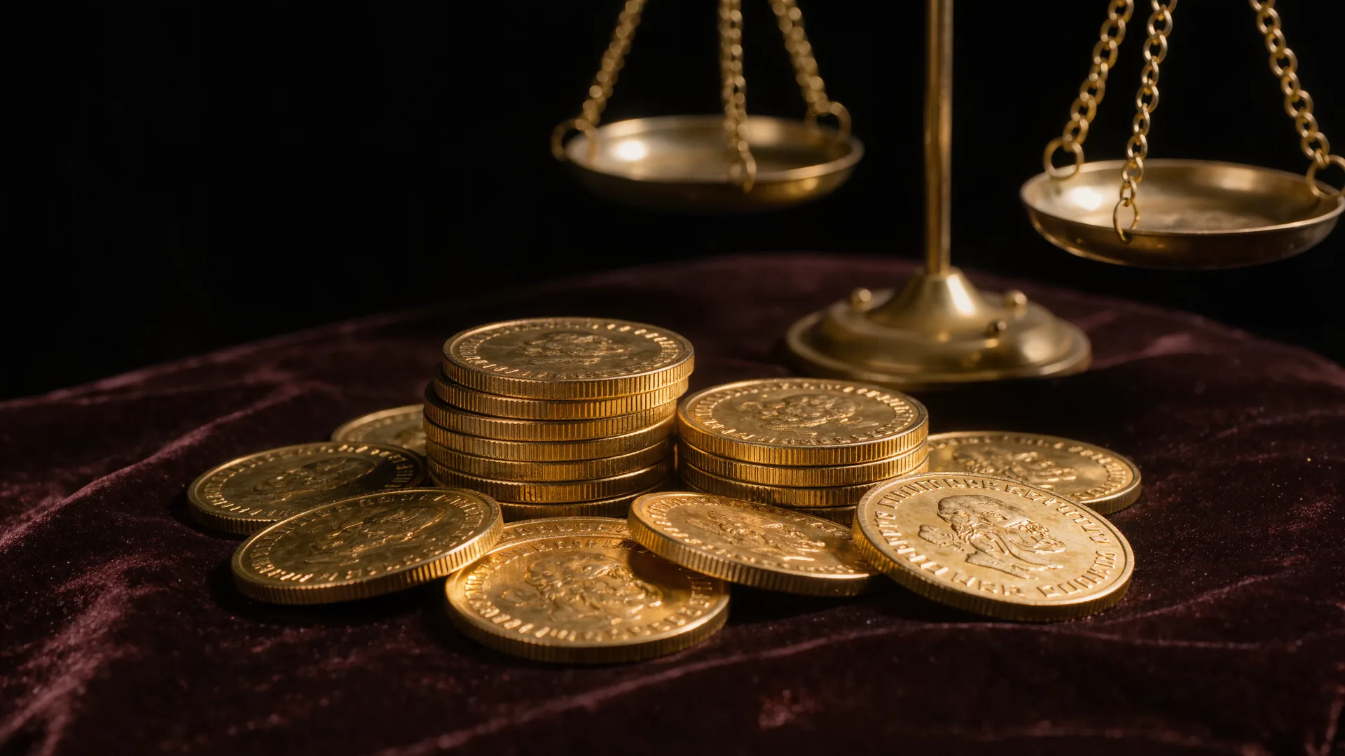 Gestapelte alte Goldmünzen auf dunklem Samt, im Hintergrund eine Feinwaage