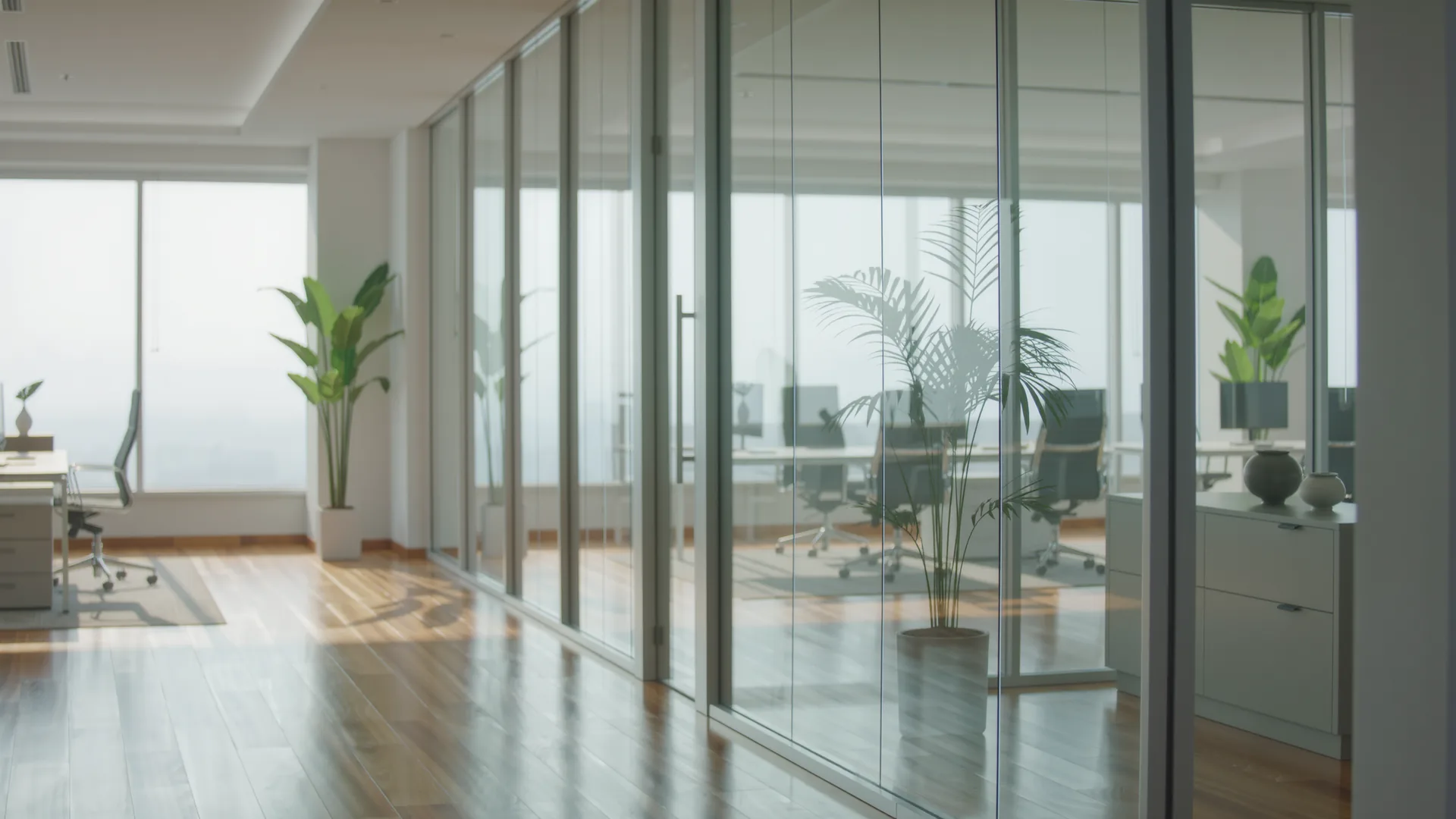 Helles Büro mit Pflanzen und Glastrennwänden im Morgenlicht