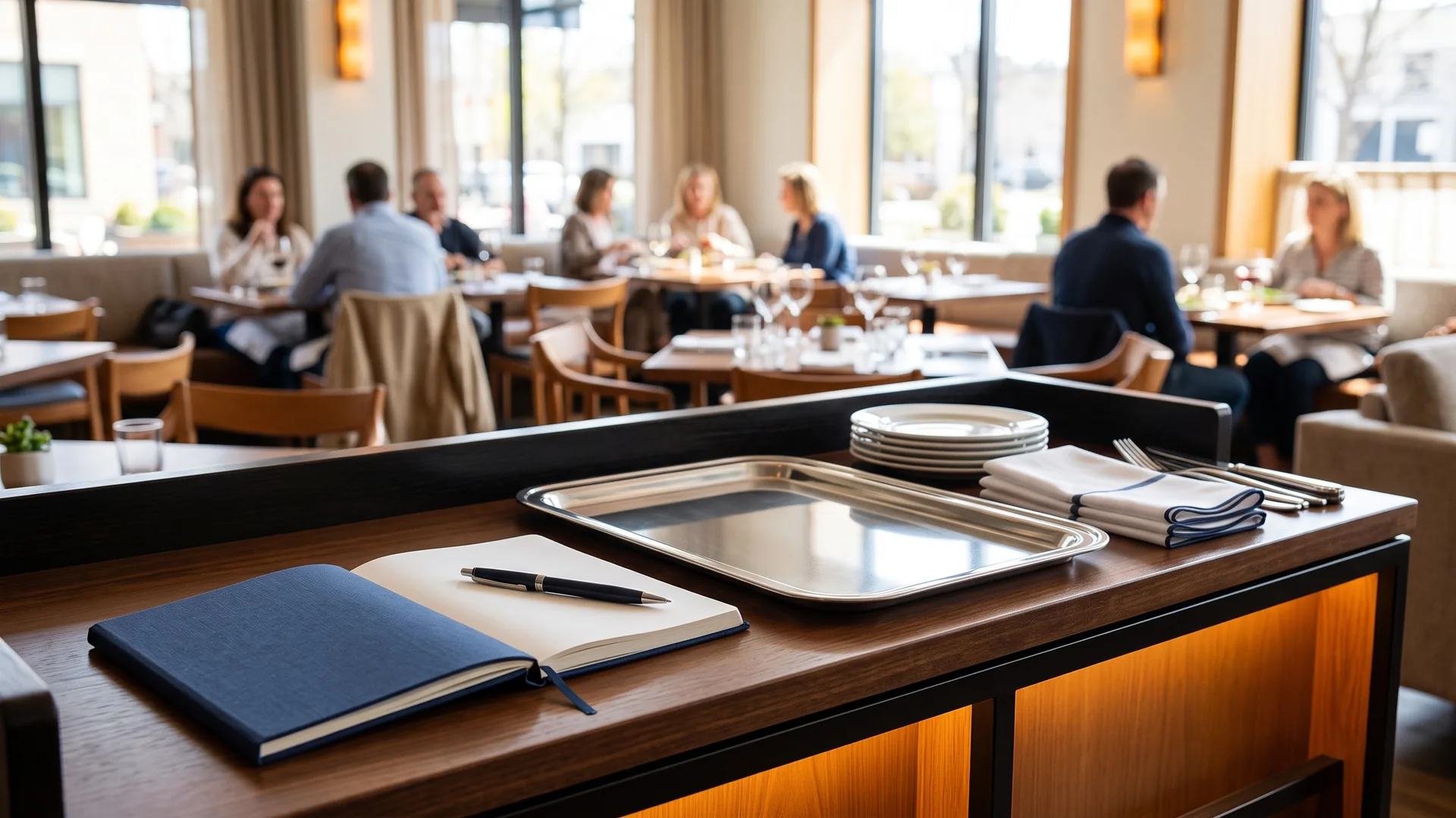 Servicestation mit Notizbuch, Stift und Tablett in einem hellen Gastraum
