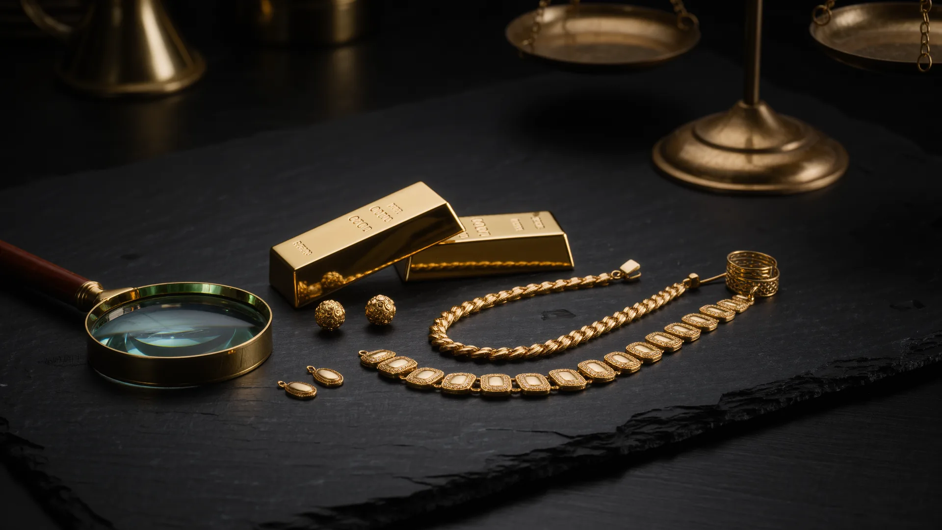 Feingoldbarren und Altgoldschmuck auf schwarzem Schiefer, daneben Lupe und Messingwaage