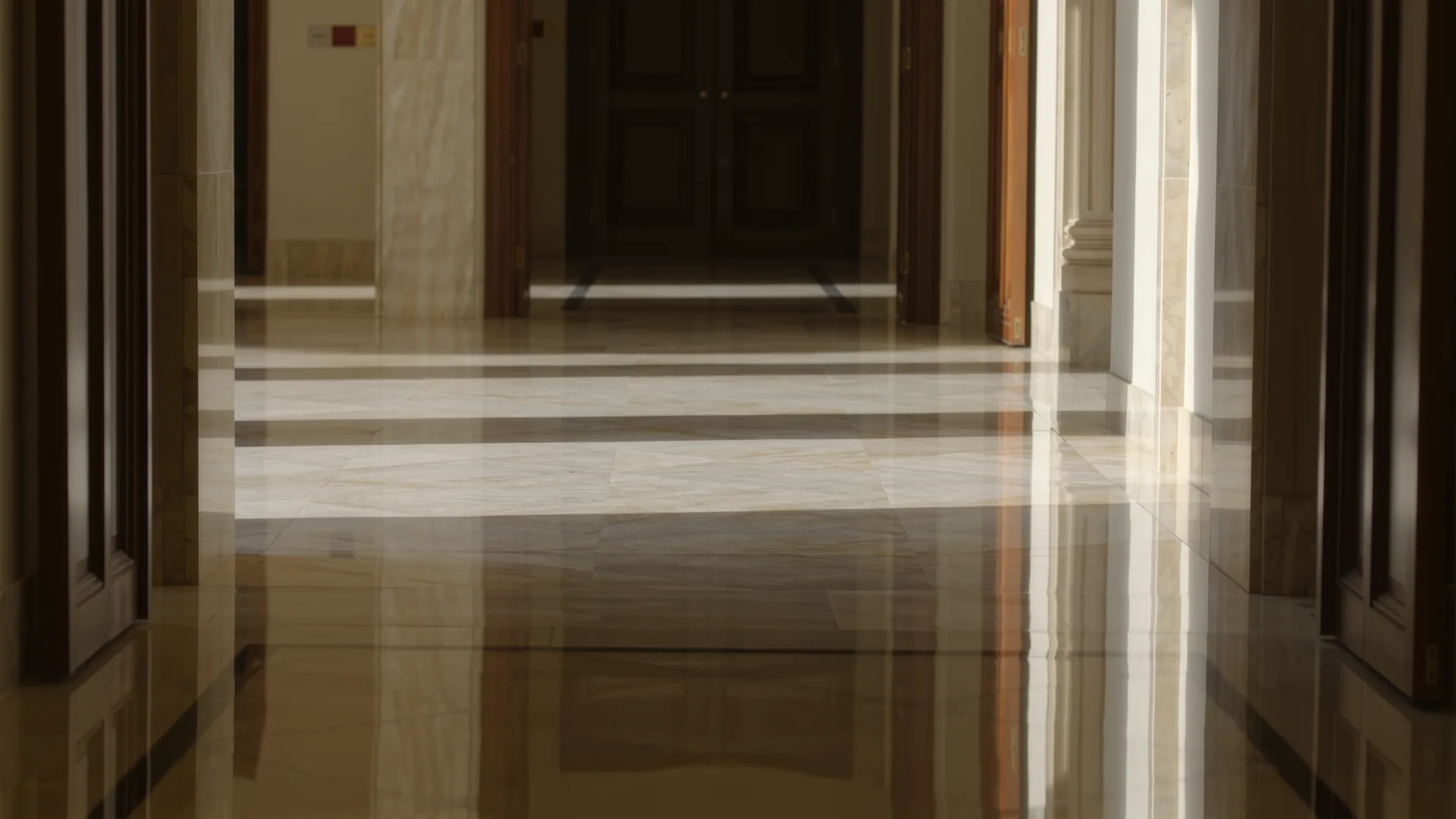 Polierter Marmorboden einer Hotellobby mit langen Spiegelungen