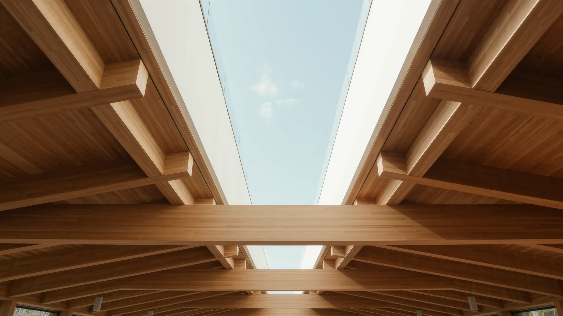 Dachstuhl aus hellem Holz von innen, Licht fällt durch ein Dachfenster
