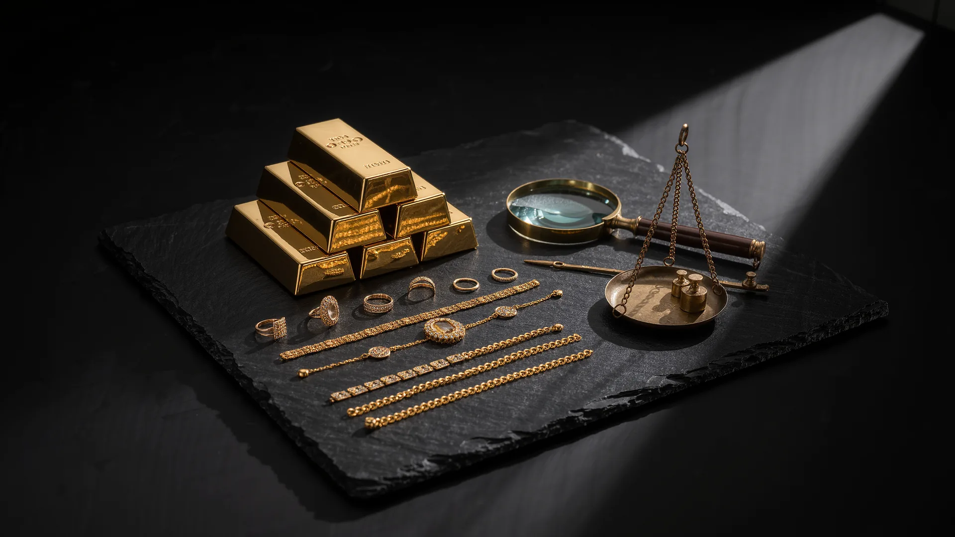 Feingoldbarren und Altgoldschmuck auf schwarzem Schiefer, daneben Lupe und Messingwaage